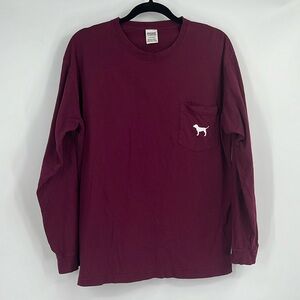 PINK Victorias Secret Maroon Dog Logo Long Sleeve Shirt Size Large